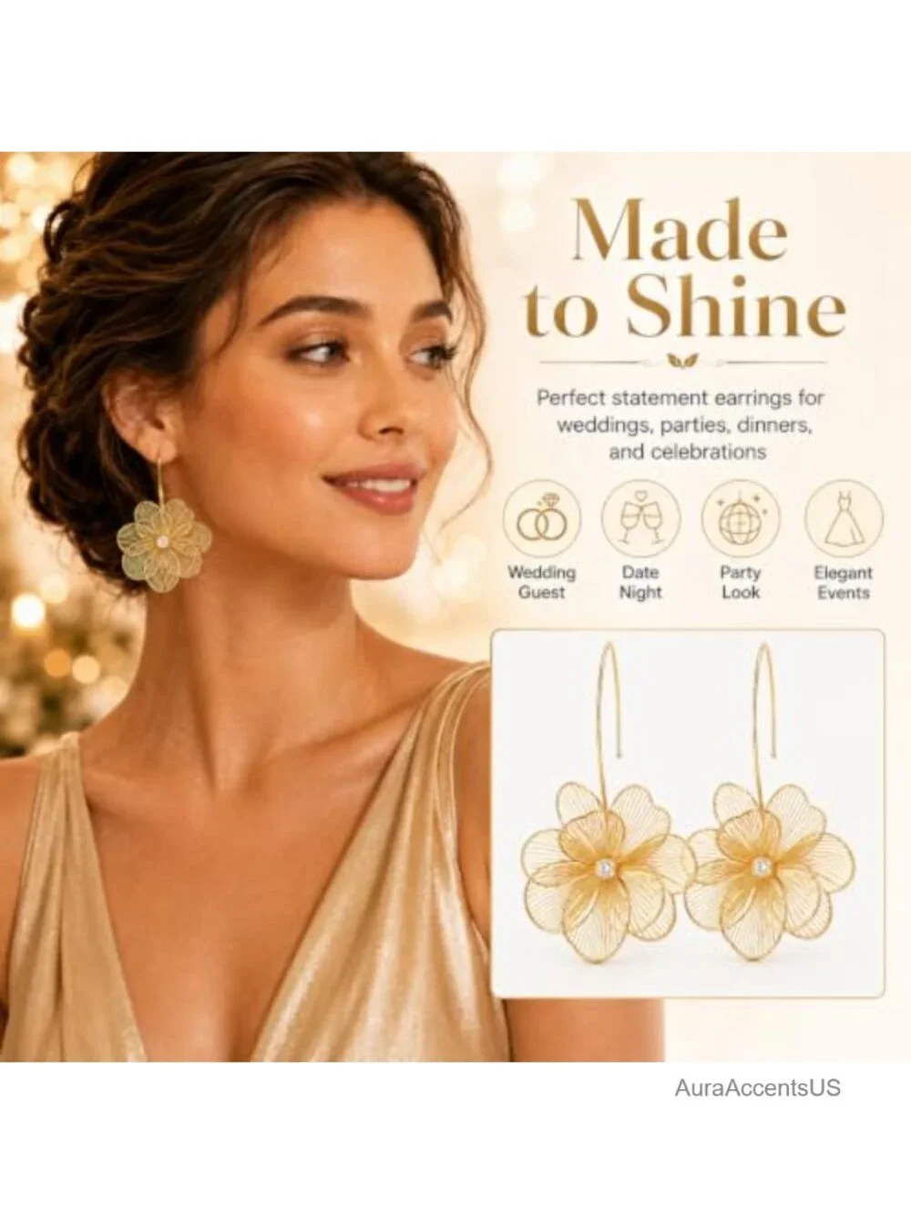 Chunky Flower Dangle Earrings Gold Wire Openwork Statement Jewelry for Women